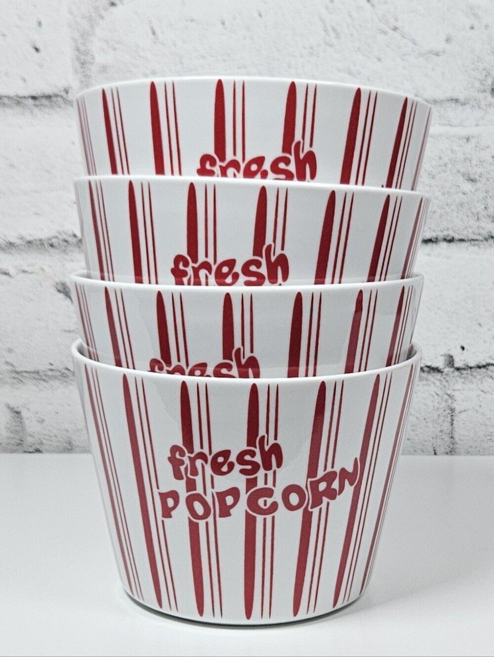 Set of 4 Fresh Popcorn Ceramic Snack Bowls Red White Movie Night Decor